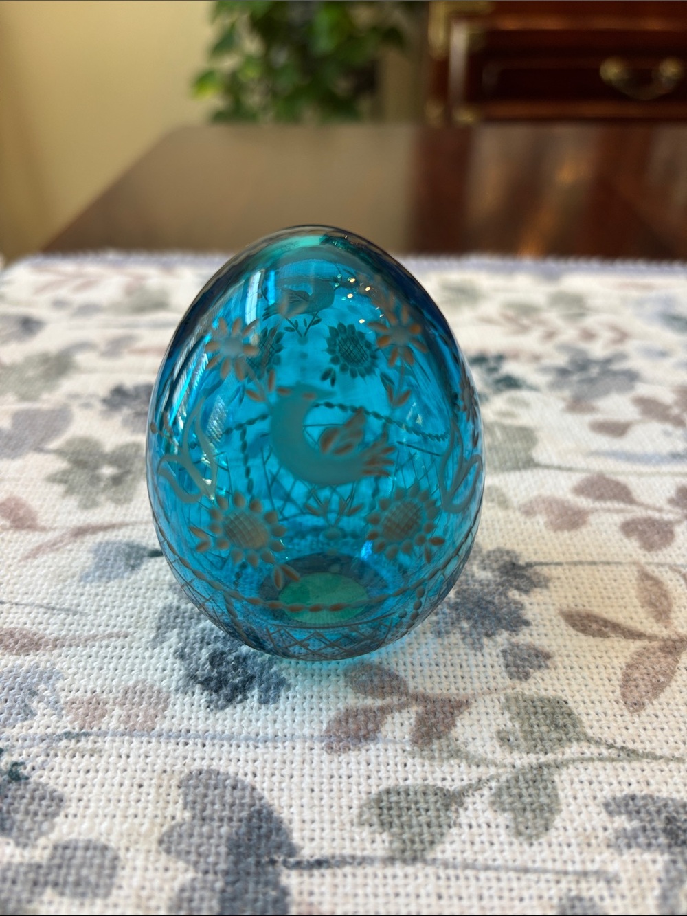 Aqua Blue Etched Faberge Egg-Russian Vintage Collectible with Gold Accents